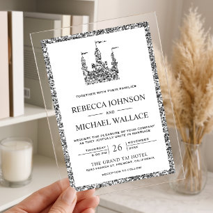 Invitaciones Acrílicas Coche de Cuento de Hadas de Plata Castillo Boda