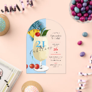 Invitaciones Acrílicas Cóctel de la Pina Colada Tropical Azul de cumpleañ