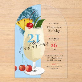 Invitaciones Acrílicas Cóctel de la Pina Colada Tropical Azul de cumpleañ