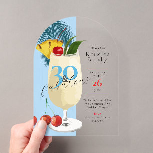 Invitaciones Acrílicas Cóctel de Piña Colada Azul Tropical para Cumpleaño