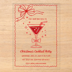 Invitaciones Acrílicas Cócteles de Navidad con lazo rosa rojo dibujado a 