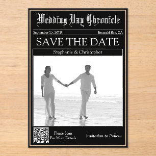 Invitaciones Acrílicas Código QR de boda de periódico Acrílico Save the D