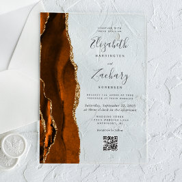 Invitaciones Acrílicas Código QR de Bodas Agata Dorada Naranja Quemada