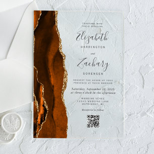 Invitaciones Acrílicas Código QR de Bodas Agata Dorada Naranja Quemada