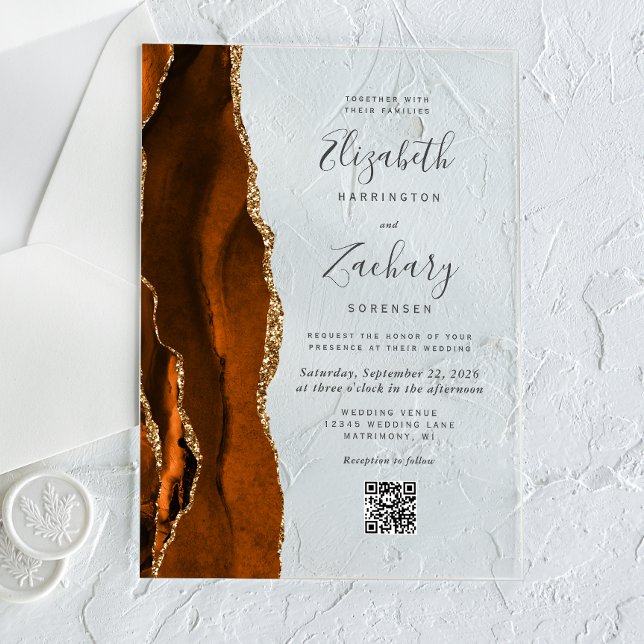 Invitaciones Acrílicas Código QR de Bodas Agata Dorada Naranja Quemada (Subido por el creador)