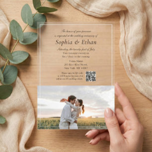 Invitaciones Acrílicas Código QR de foto con letra itálica elegante