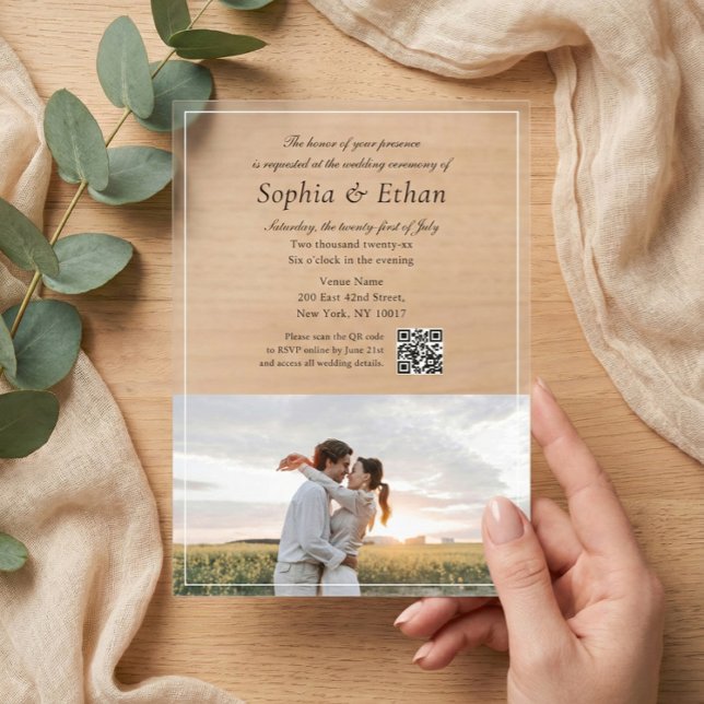 Invitaciones Acrílicas Código QR de foto con letra itálica elegante (Subido por el creador)