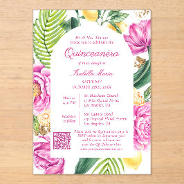 Invitaciones Acrílicas Código QR de Foto de Quinceañera Floral Acuarela