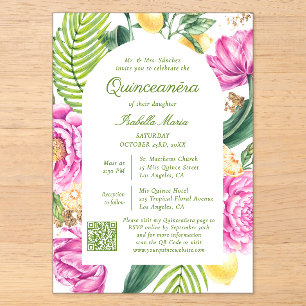 Invitaciones Acrílicas Código QR de Foto de Quinceañera Floral Acuarela