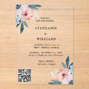 Invitaciones Acrílicas Código Qr elegante   Boda Floral Azul Dusty