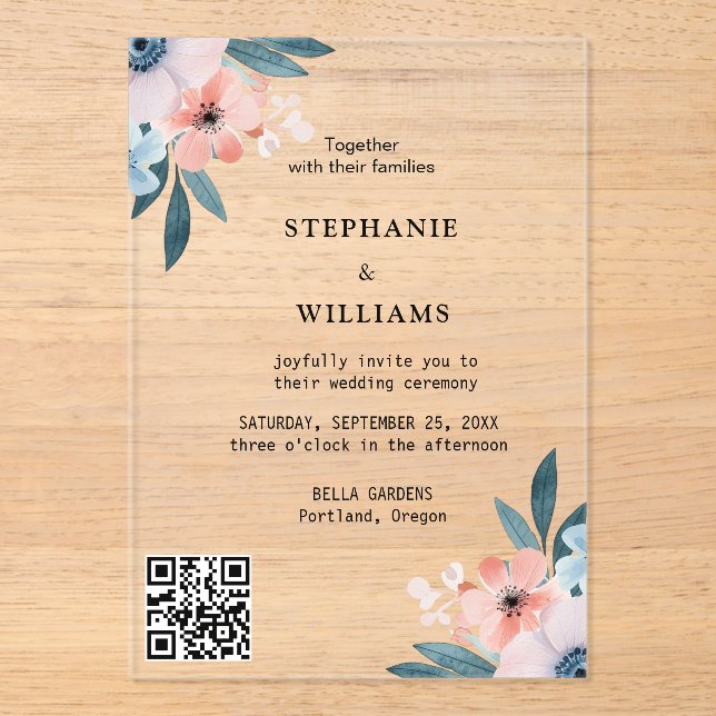 Invitaciones Acrílicas Código Qr elegante | Boda Floral Azul Dusty (Anverso)