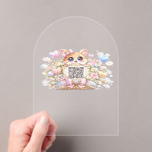 Invitaciones Acrílicas Código QR personalizado Kawaii lindo gato floral r