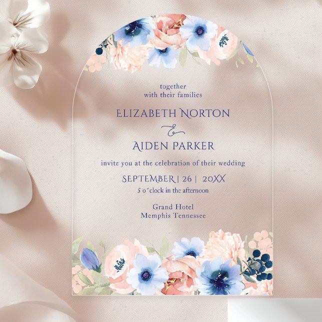 Invitaciones Acrílicas Colección de Boda Azul Melocotón (Modern, wedding, arch, acrylic invitation floral. In the colors Gold, Peach & Blue.)