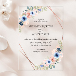 Invitaciones Acrílicas Colección de boda de acrílico floral azul melocotó