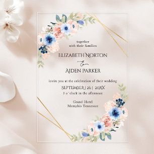 Invitaciones Acrílicas Colección de boda floral, azul, melocotón
