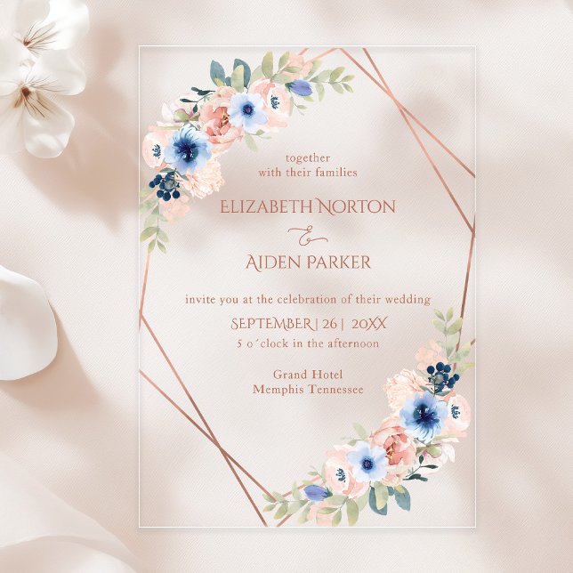 Invitaciones Acrílicas Colección De Bodas De Peach, Blue, Floral Inv Acrí (Peach, Blue, Floral Wedding Collection Acrylic Inv Acrylic Invitations)