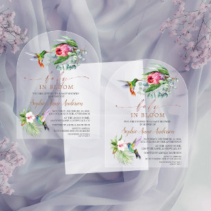 Invitaciones Acrílicas Colibrí Flores Tropicales Niña Bebé en Flor