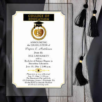 Invitaciones Acrílicas College of Education Degree Gold Apple Graduation