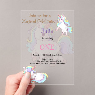 Invitaciones Acrílicas Color arcoiris Niña unicornio primer cumpleaños