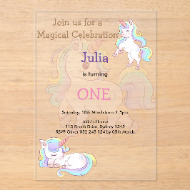 Invitaciones Acrílicas Color arcoiris Niña unicornio primer cumpleaños