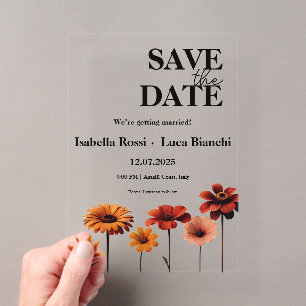 Invitaciones Acrílicas Colores de puesta de sol naranja y rojo floral en 