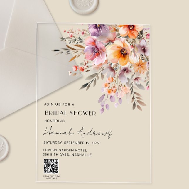 Invitaciones Acrílicas Colorful Flower Bouquet QR Code Bridal Shower (Colorful Flower Bouquet QR Code Bridal Shower Acrylic Invitations)