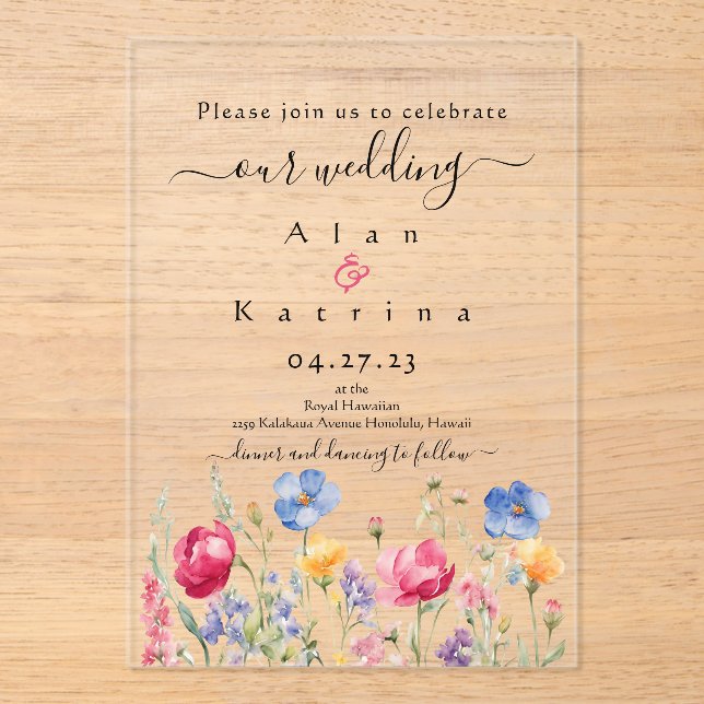 Invitaciones Acrílicas Colorful Garden Boho Wildflower Wedding Invitation (Anverso)