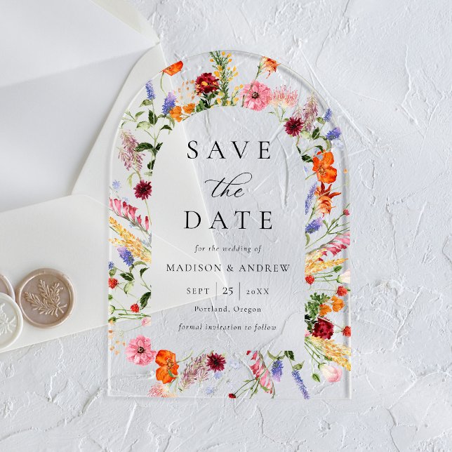Invitaciones Acrílicas Colorful Wildflowers Arch Wedding Save the Date (Subido por el creador)