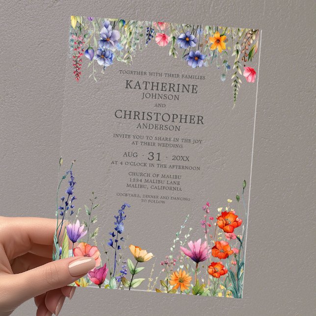 Invitaciones Acrílicas Colorful Wildflowers Elegant Wedding Clear (Colorful Wildflowers Elegant Wedding Clear Acrylic Wedding Invitation with First Last Names in Gray.)