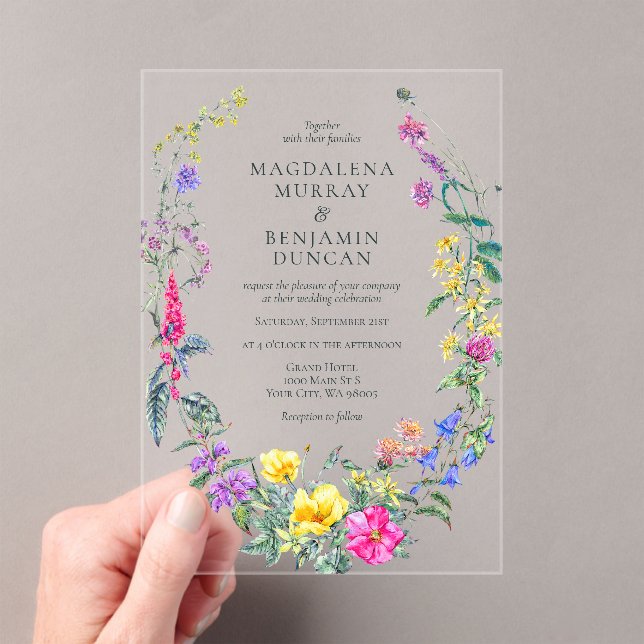Invitaciones Acrílicas Colorful Wildflowers Floral Meadow Wreath Wedding (Insitu (portátil))