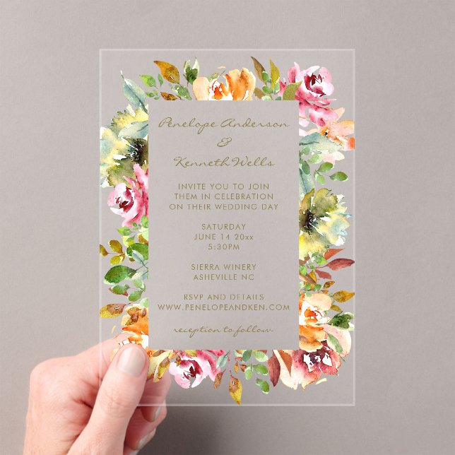Invitaciones Acrílicas Colorida acuarela Boda floral Earthy Boho (Insitu (portátil))