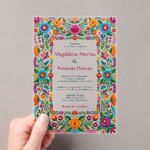 Invitaciones Acrílicas Colorida Fiesta Mexicana Floral Bordado Boda