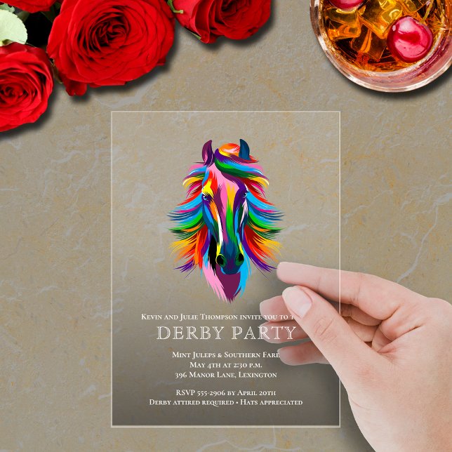 Invitaciones Acrílicas Colorido caballo de carreras Derby Fiesta Smoky (Colorful racehorse Derby party transparent smoky acrylic invitations
)