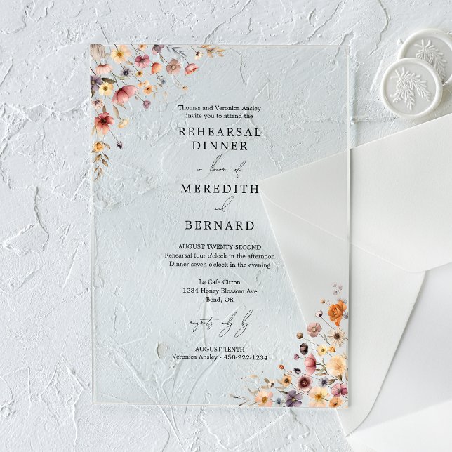 Invitaciones Acrílicas Colorido ensayo Boda floral cena (Subido por el creador)