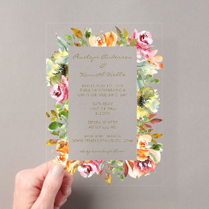 Invitaciones Acrílicas Colorido Floral Acuarela Boda Terroso Boho