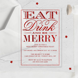 Invitaciones Acrílicas Come, Bebe & Alégrate Rojo Glitter Navidad