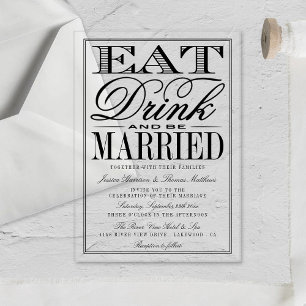 Invitaciones Acrílicas Comer, Beber & Casarse Tipografía Moderna Boda