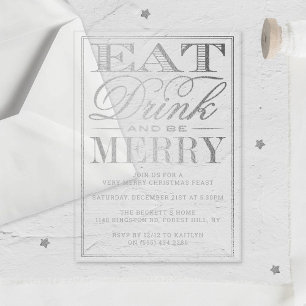 Invitaciones Acrílicas Comer, beber y ser Navidades de plata festiva