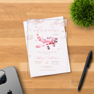 Invitaciones Acrílicas Comienza la aventura Cumpleaños de bebé niña Avión