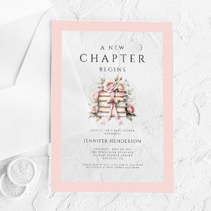 Invitaciones Acrílicas Comienza un Nuevo Capítulo Libros con Lazo Rosa Fi