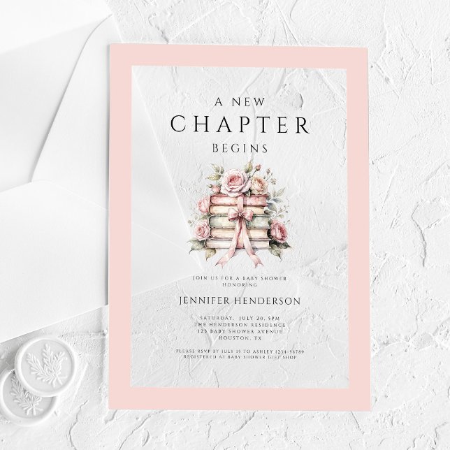 Invitaciones Acrílicas Comienza un Nuevo Capítulo Libros con Lazo Rosa Fi (A New Chapter Begins Pink Bow Books Baby Shower Acrylic Invitations)