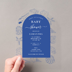 Invitaciones Acrílicas Conchas de Mar Azul Playa Verano Arco Baby Shower