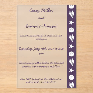 Invitaciones Acrílicas Conchas de Verano en Acrílico Morado para Boda 