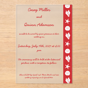 Invitaciones Acrílicas Conchas de Verano en Rojo Cereza Acrílico Boda 