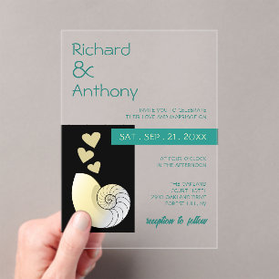 Invitaciones Acrílicas Conchas y Corazones, Boda de Playa