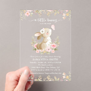 Invitaciones Acrílicas Conejito Adorable, Mariposa, Flores Rosadas, Baby 