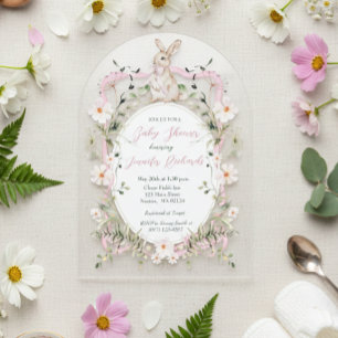 Invitaciones Acrílicas Conejito de bebé con cinta floral rosa para baby s