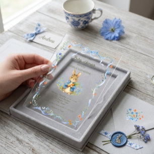 Invitaciones Acrílicas Conejito Lindo Niño con Lazo Azul Fiesta de Bebé 
