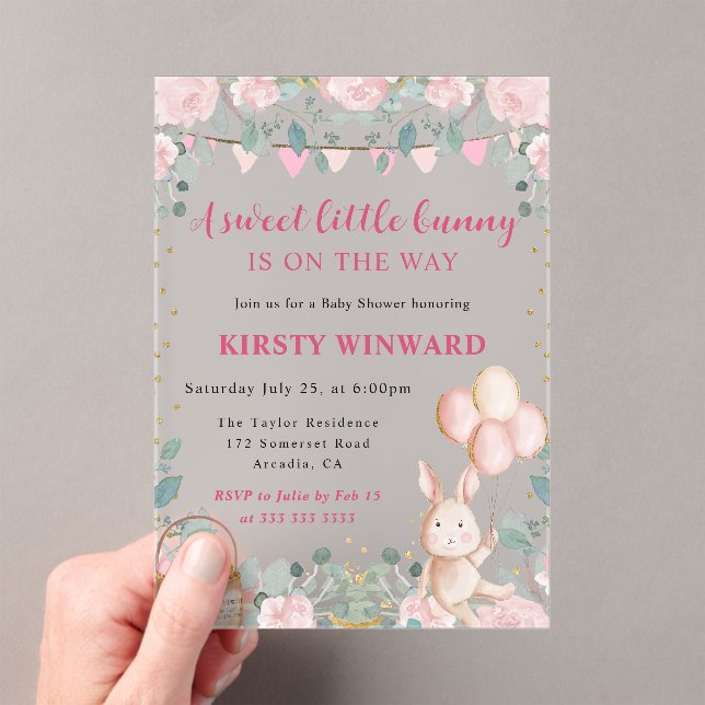 Invitaciones Acrílicas Conejo acuático y Baby Shower de flores rosadas (Insitu (portátil))
