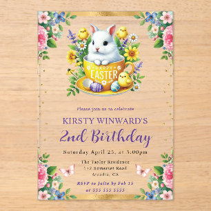 Invitaciones Acrílicas Conejo de Pascua de Acuarela Flores de Primavera C